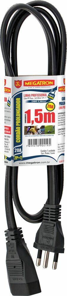Extensão 3X2,50mmX1,50m PP Plano Preto 20A Megatron