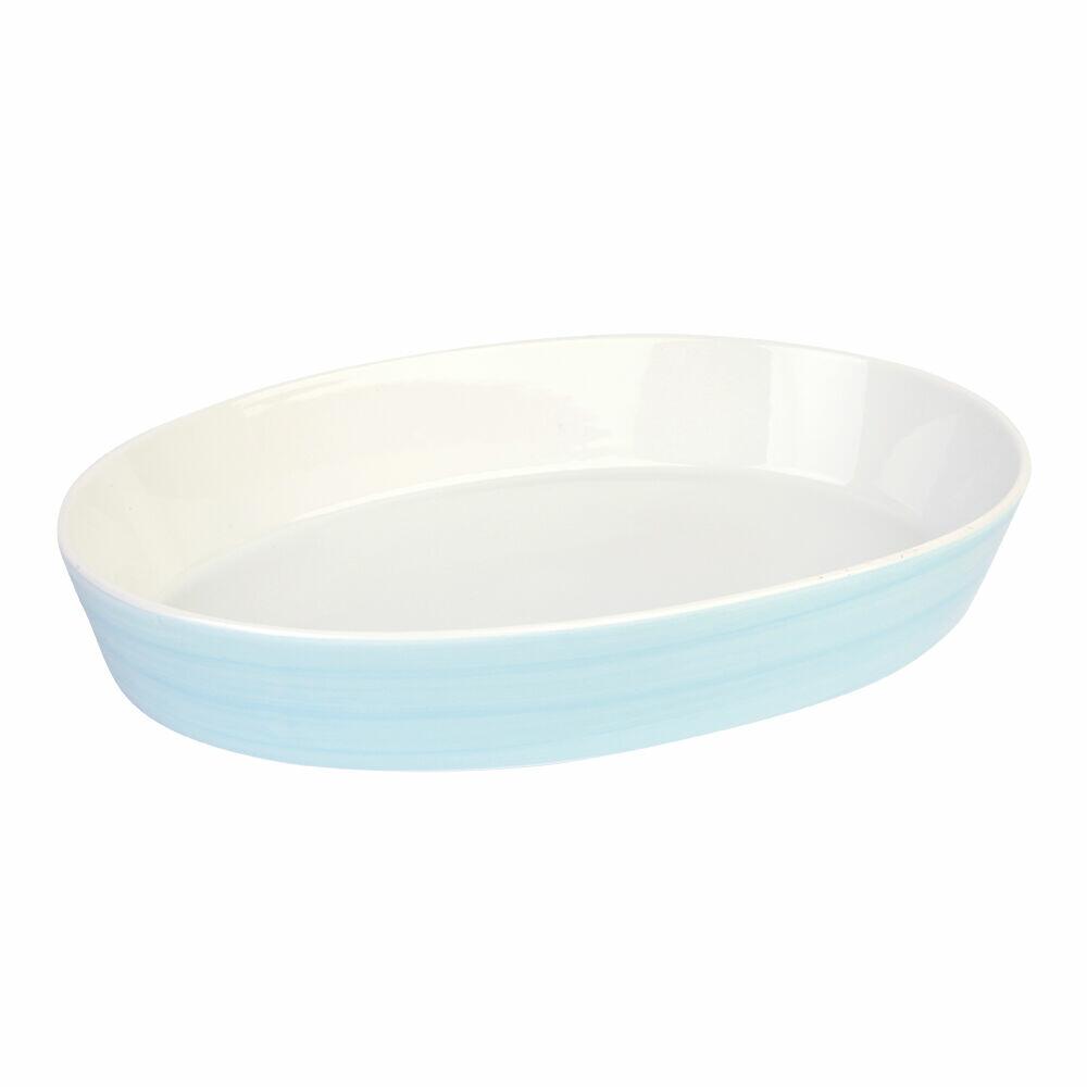 Refratário Oval de Porcelana 39cm Azul e Branco Casa&Ideia