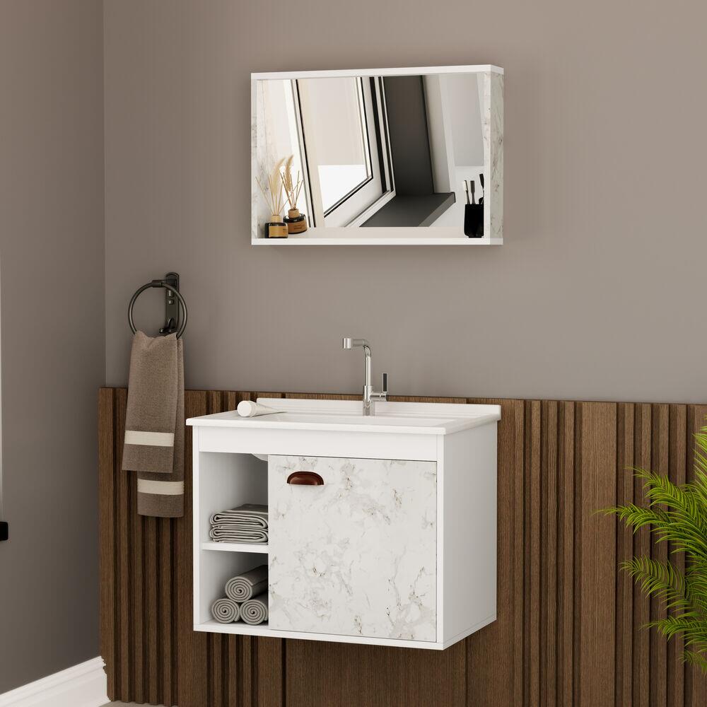 Kit Gabinete para Banheiro Suspenso MDF/MDP com Tampo Qadri Atenna/Branco 60cm C-Linea