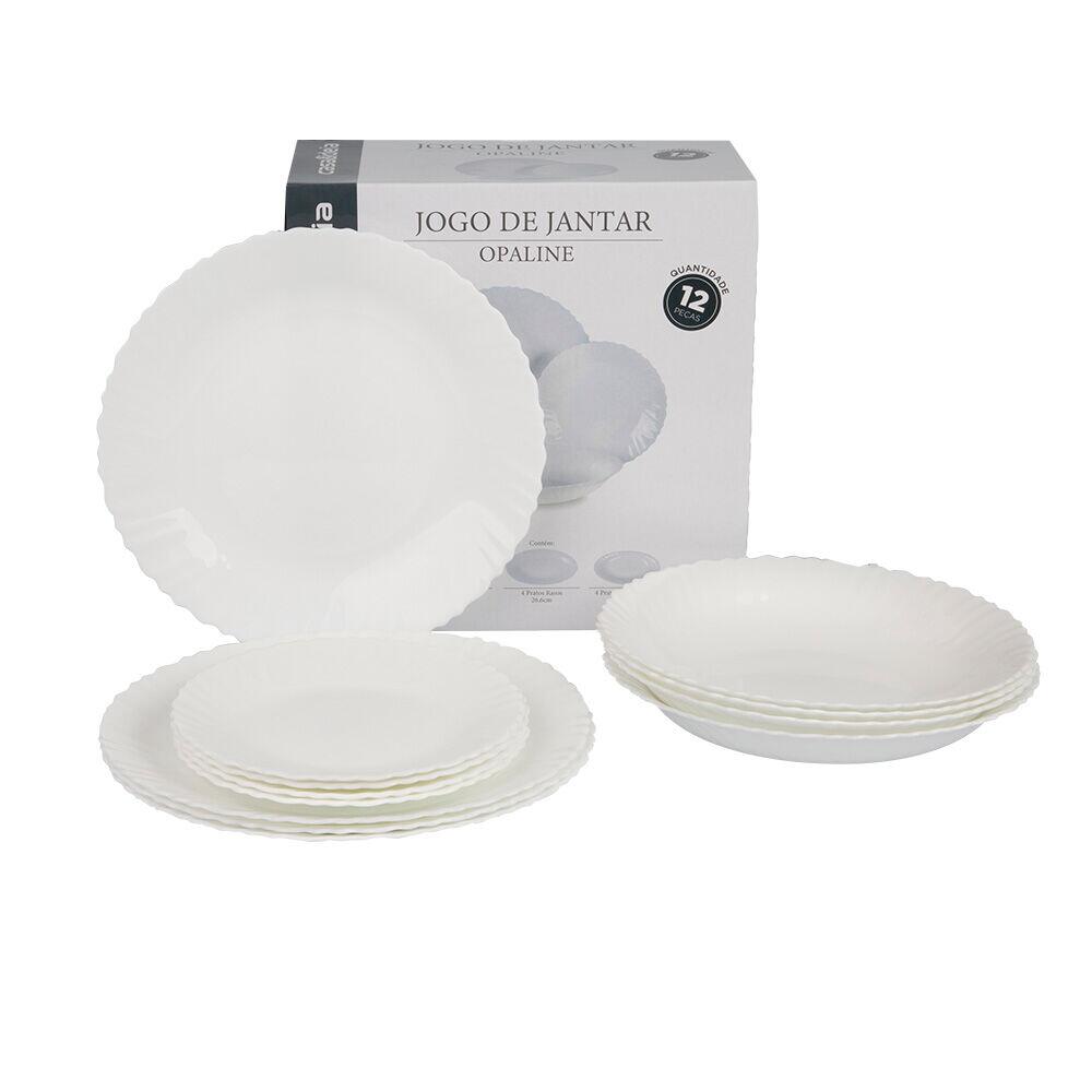 Jogo Jantar 12 Peças Branco Vidro Casa&ideia