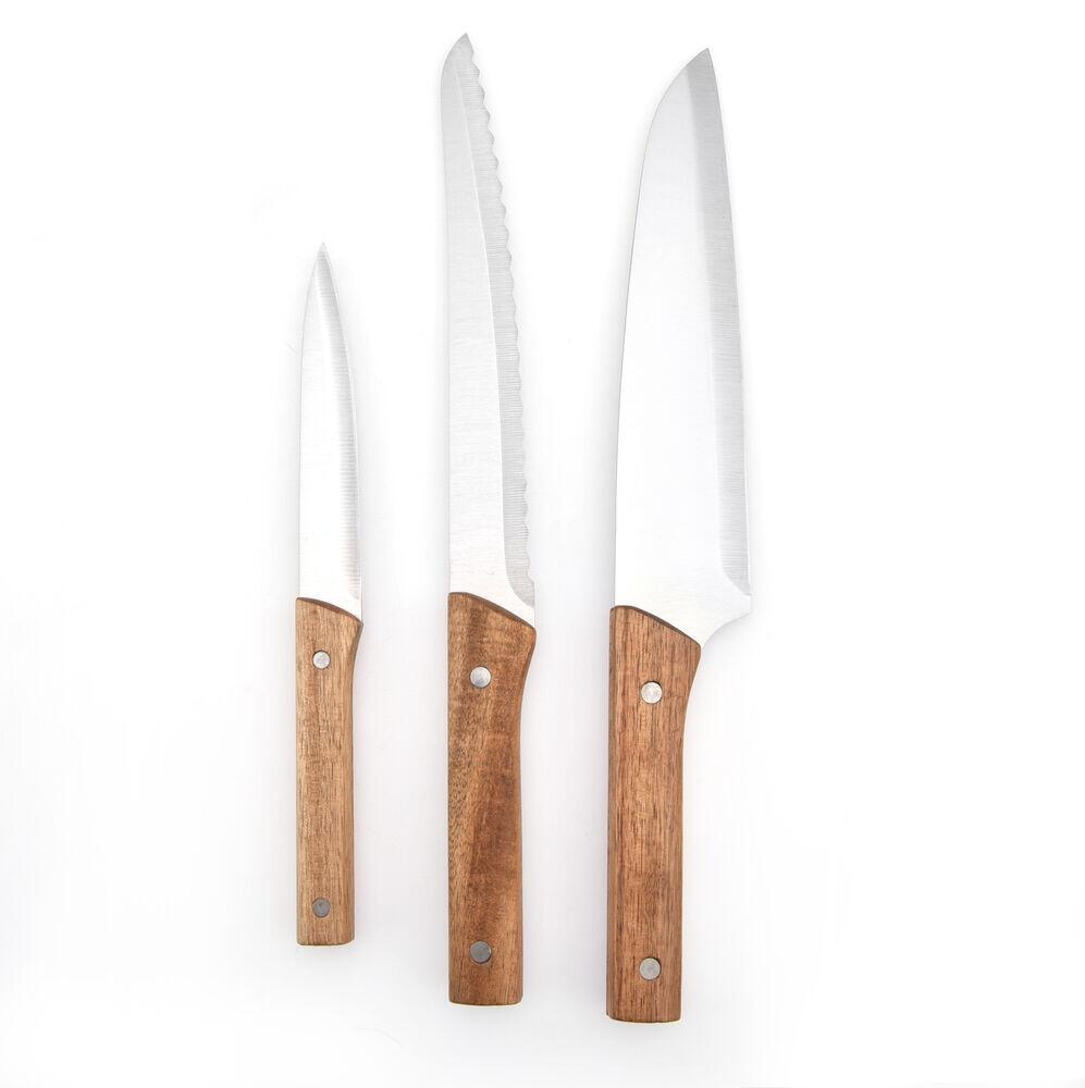 Jogo Faca de Cozinha 3 Peças Com Cabo Acacia Fosco Inox Casa&ideia
