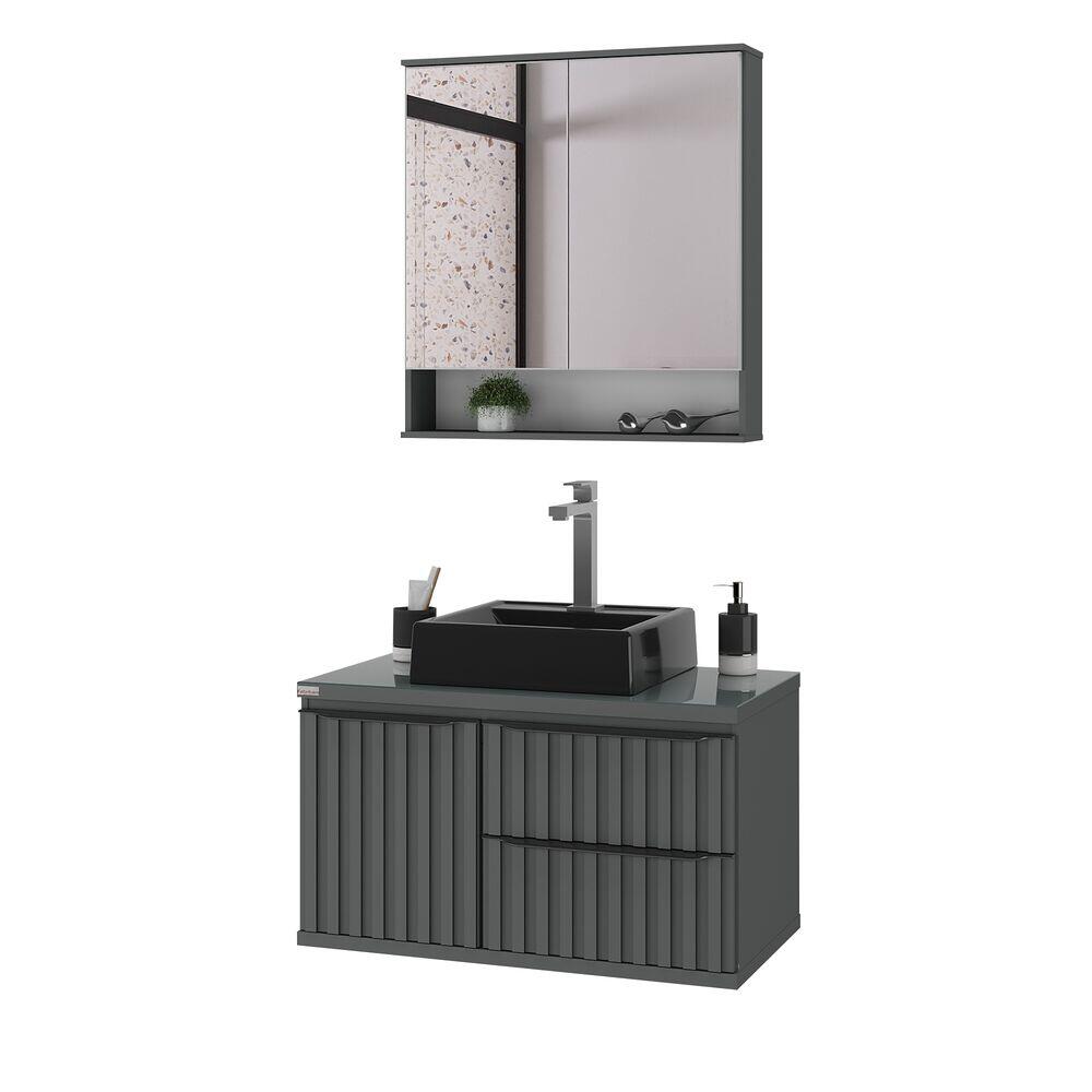 Gabinete para Banheiro MDF/MDP com Tampo Vidro Cecilia Chumbo 78cm C-Linea