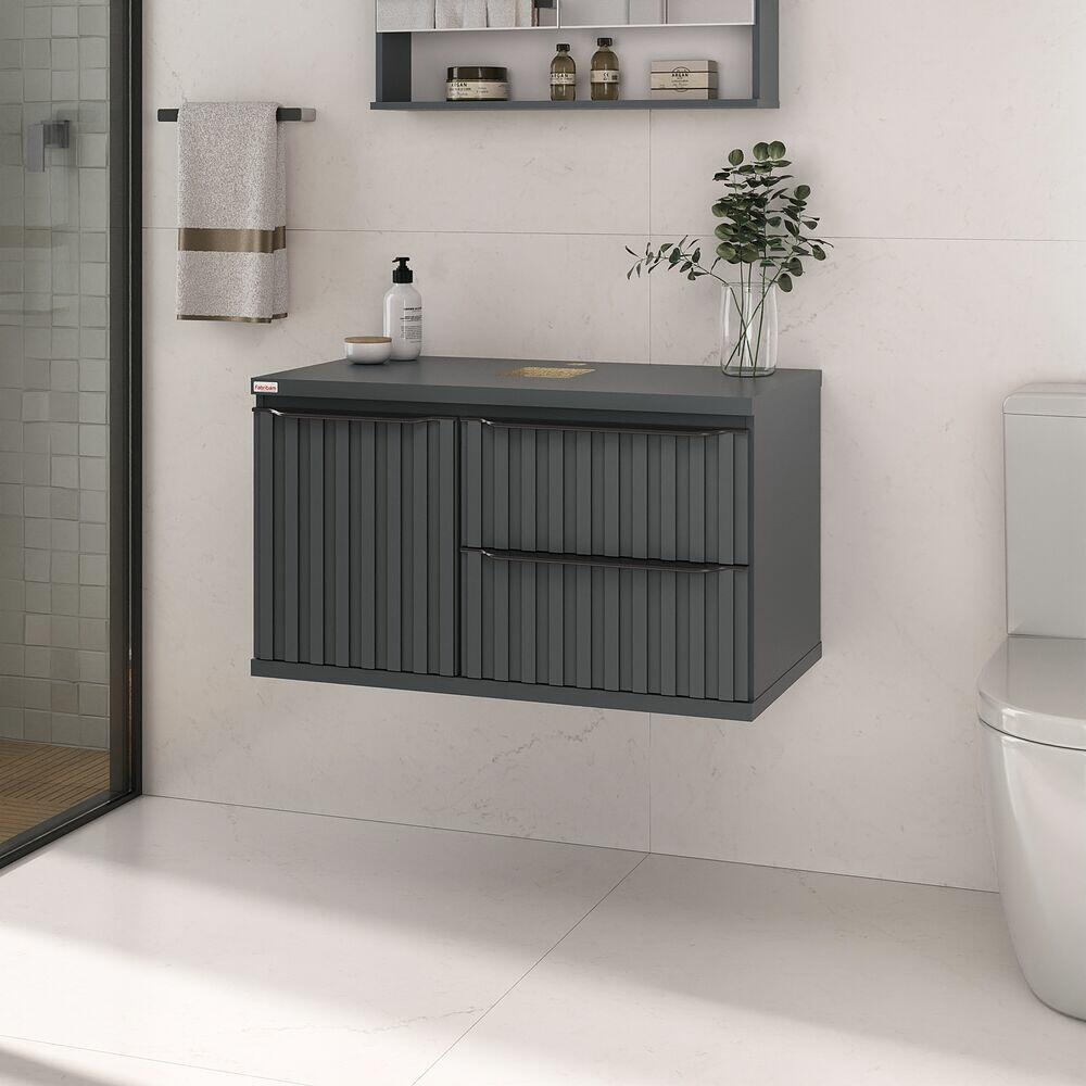 Gabinete para Banheiro MDF/MDP com Tampo Vidro Cecilia Chumbo 78cm C-Linea