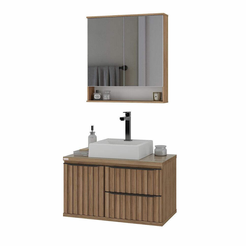 Gabinete para Banheiro MDF/MDP com Tampo Vidro Cecilia Nogal 78cm C-Linea