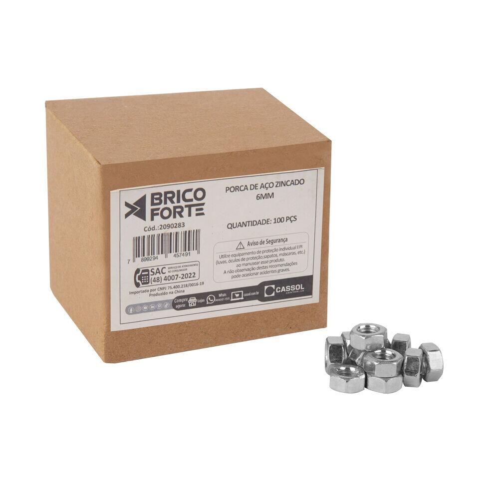 Porca de Aço Zincado 6mm 100pcs Brico Forte