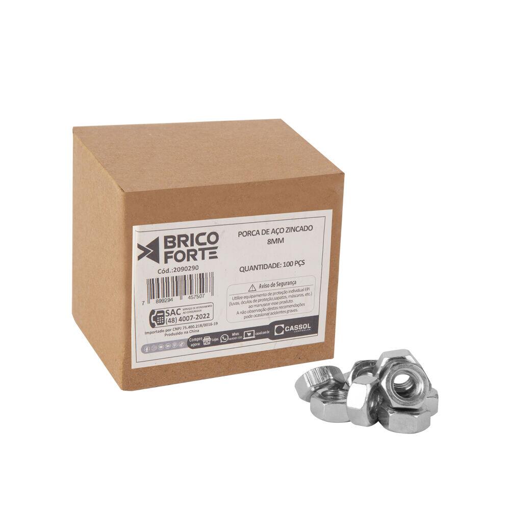 Porca de Aço Zincado 8mm 100pcs Brico Forte