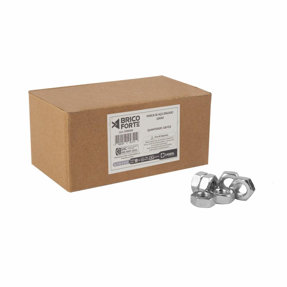 Porca de Aço Zincado 10mm 100pcs Brico Forte