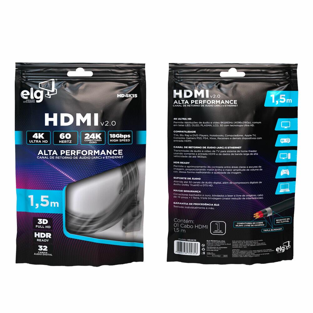 Cabo Hdmi 1,5m Hd4k15 Preto 2.0v Elg