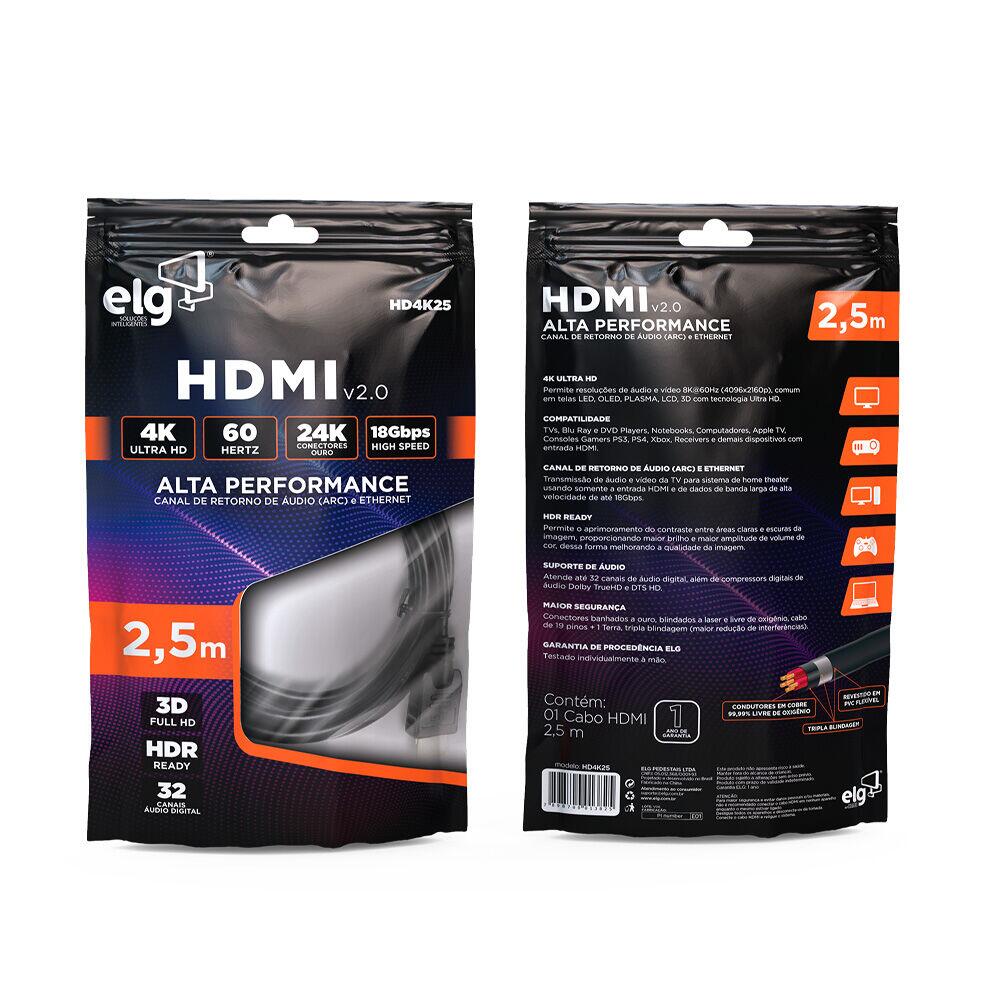Cabo Hdmi 2,5m Hd4k25 Preto 2.0v Elg