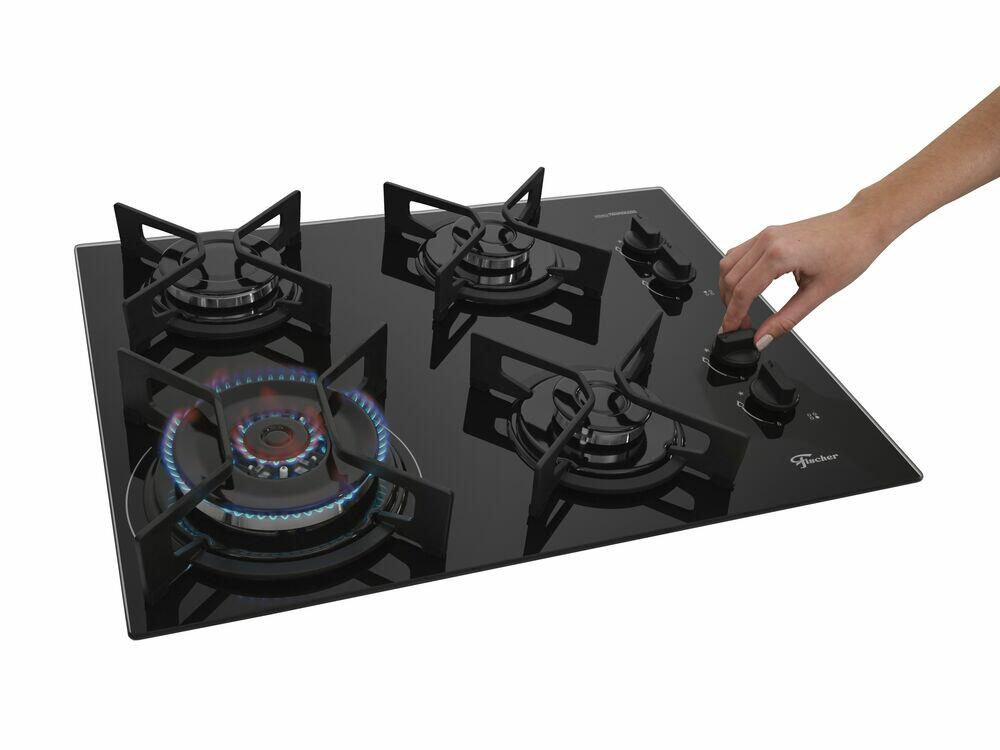 Cooktop Gas 4 Bocas Tripla Chama Fit Line Trempe Iron Bivolt Fischer