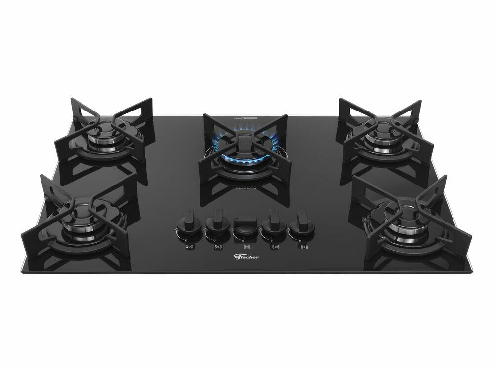 Cooktop Gás 5 Bocas Fit Line Vidro Preto Bivolt Fischer