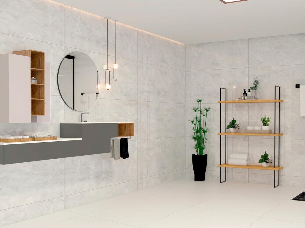 Piso Cerâmico Cristallo Branco Cinza  Retificado Polido 61x116cm Ilhabella