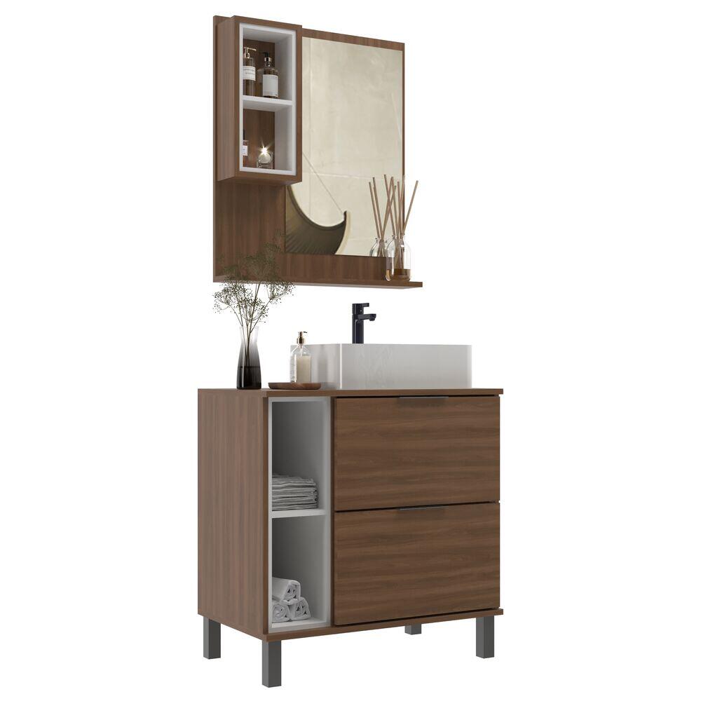 Gabinete com Espelheira Viena Nogal/Branco 70cm Móveis Sander