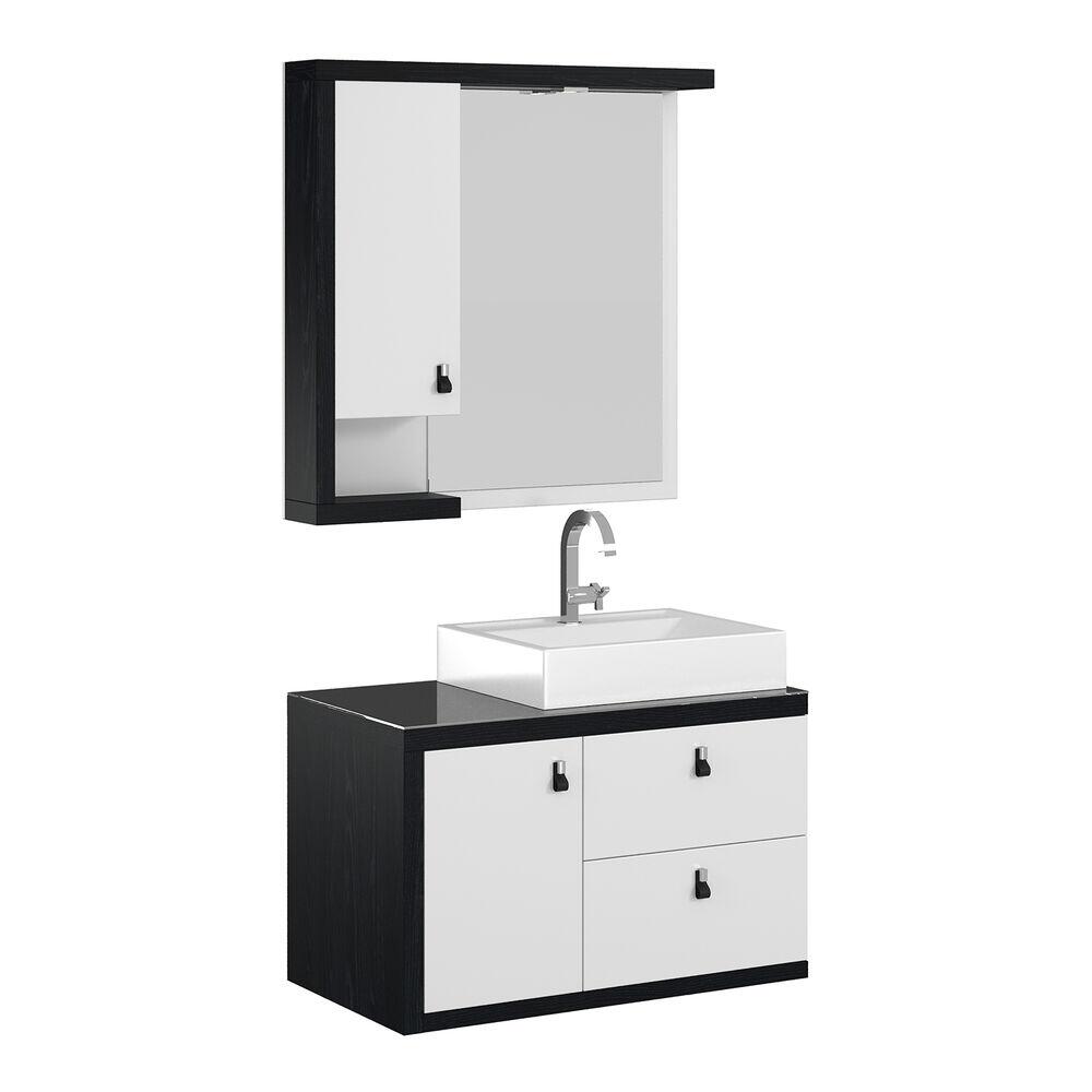 Gabinete para Banheiro Suspenso MDF/MDP com Tampo de Vidro New Rovere Branco/Preto 80cm C-Linea