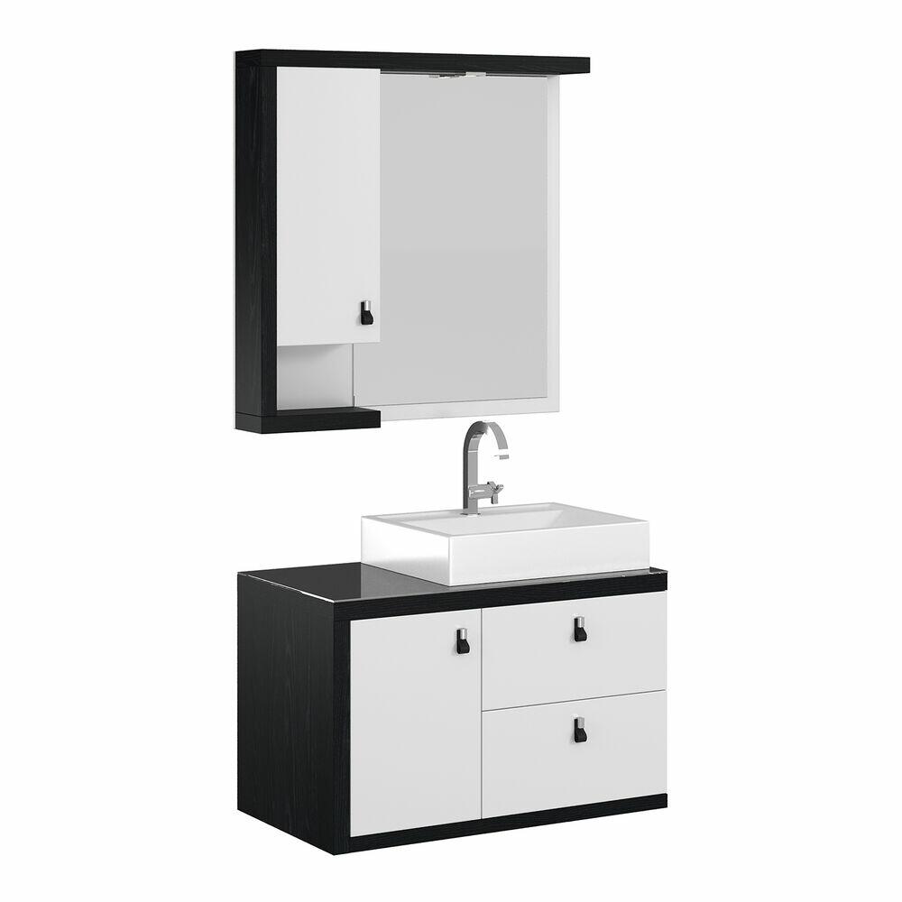 Espelheira para Banheiro MDF/MDP New Rovere Preto/Branco 80cm C-Linea