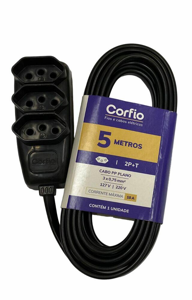 Extensão 5m 10a 2p+t Preto 3 Tom Preto Bivolt Corfio